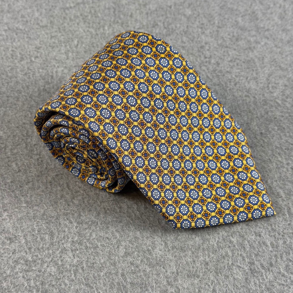 Vintage Brooks Brothers Makers Silk Tie Yellow Blue Geometric USA 59x3.75" NWT
